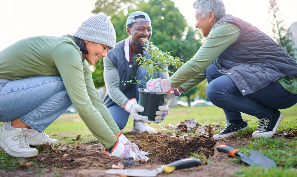 A diverse volunteer team plants trees during a community service project, representing community and human services nonprofits.
